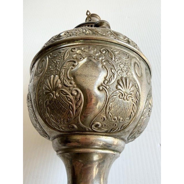 Metal The Meteor Silver Repousse Antique Oil Lamp, Converted to Electric For Sale - Image 7 of 18