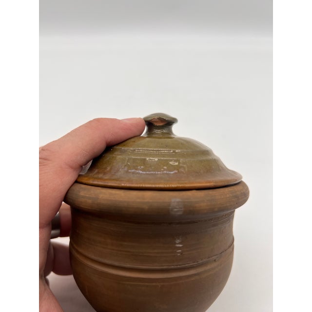 A Antique Folk Art Small Redware Crock With Lid, by Stahl's Pottery, Powder Valley, Pa, 1948 For Sale - Image 13 of 16