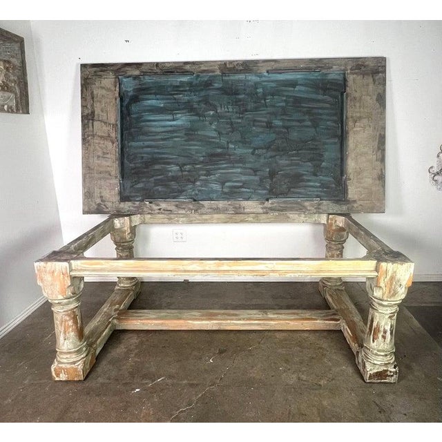 Rustic Painted Dining Table W/ Herringbone Pattern Top For Sale In Los Angeles - Image 6 of 11