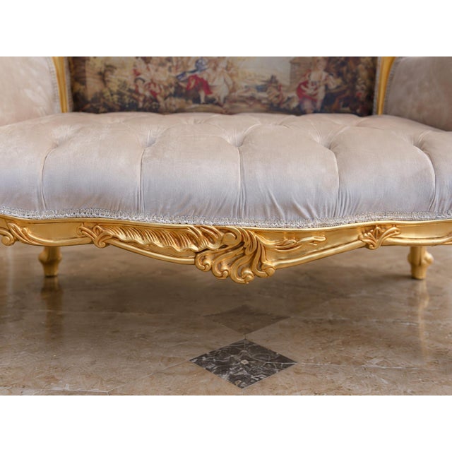 Late20C French Artisan LouisXVI Gold Beige Velvet Settee-1Pc For Sale - Image 10 of 15