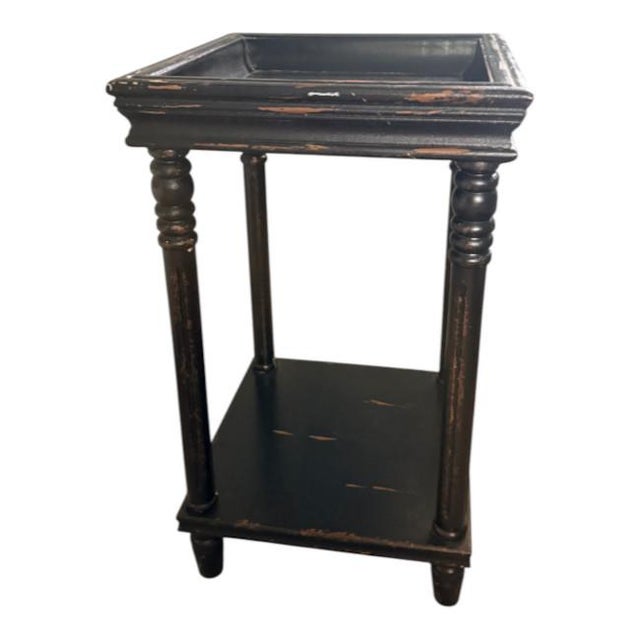 Late 20th Century Vintage Black Distressed Wood Two-Tier Side Table With Gallery Top For Sale - Image 5 of 7