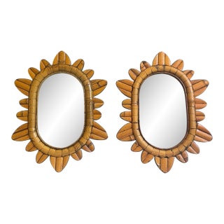 2 Boho Vintage Rattan Starburst Wall Mirrors For Sale