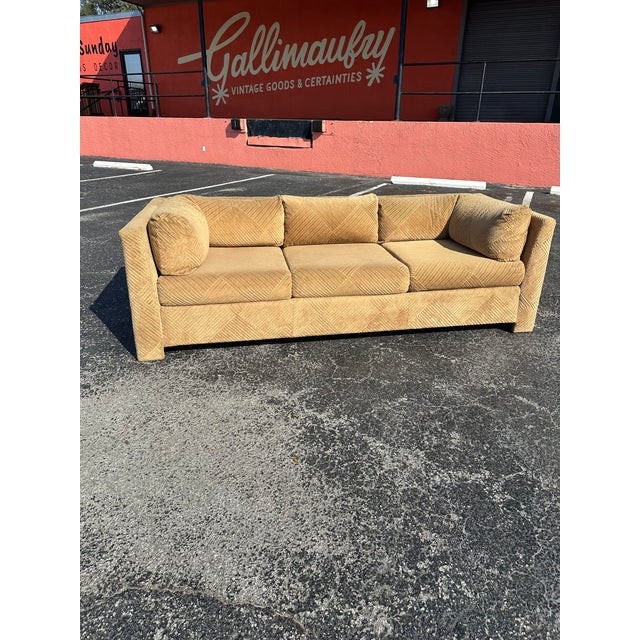 Milo Baughman Vintage Diamond Pattern Corduroy Parsons Sofa For Sale - Image 4 of 11