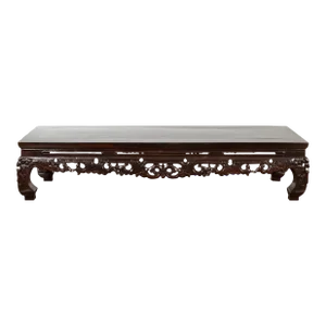 Chinese Qing Dynasty Low Kang Coffee Table with Carved Apron and Dark Lacquer