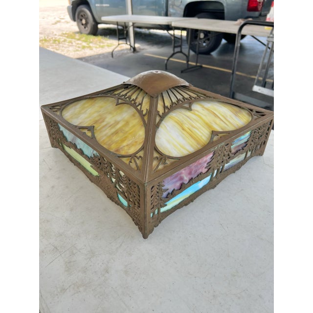 Bradley Hubbard 1940s Vintage Square Slag Glass Lamp With Rustic Scene For Sale - Image 4 of 12
