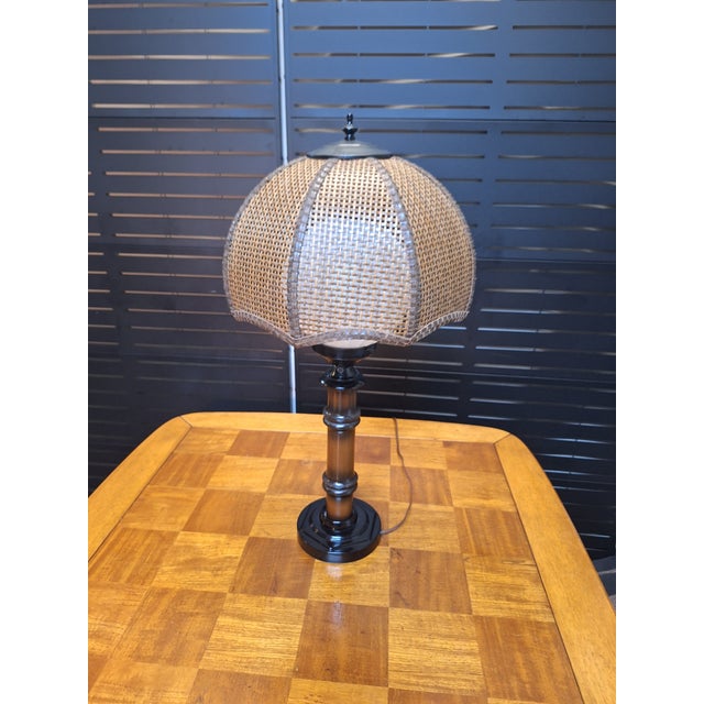 Vintage 70's Tropical Bamboo Lamp With Wicker Shade For Sale - Image 4 of 8