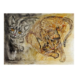 Mid 20th Century Anne Hudson Modernist Cat Painting For Sale