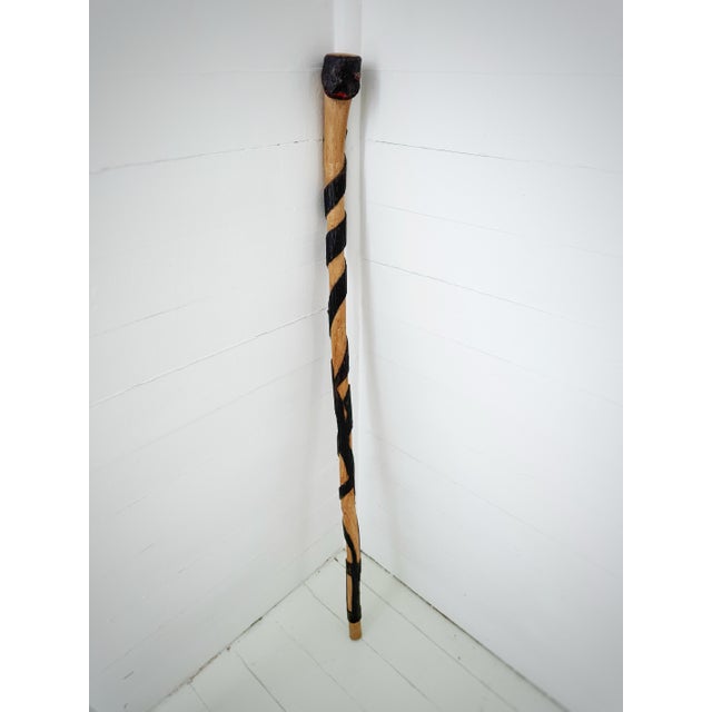 Vintage Hand-Carved Snake Walking Cane in Wood With Black Spiral Folk Art Design For Sale - Image 11 of 12