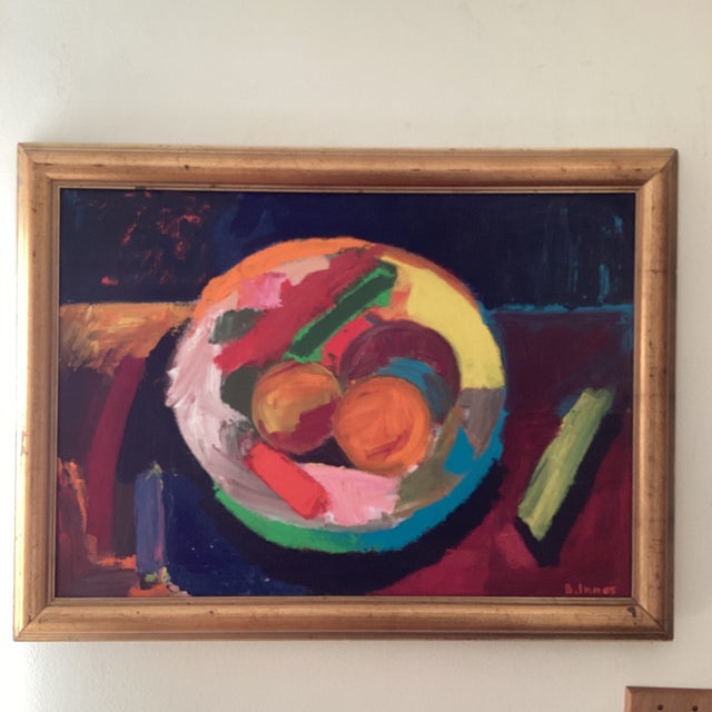 This Post-Impressionist Still Life Fruit in the Bowl Painting on Canvas by B. Innes is an original one-of-a-kind artwork...