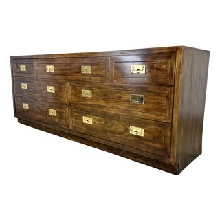 Henredon Scene One Campaign Style 7-Drawer Long Dresser in Oak & Brass For Sale