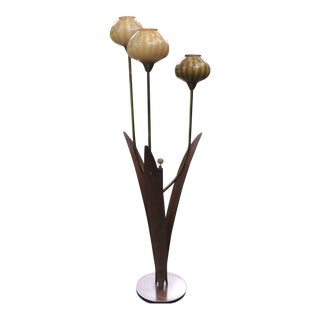 Vintage Tall Scandinavian Hand Blown Murano Glass Wood and Brass Floor Lamp For Sale