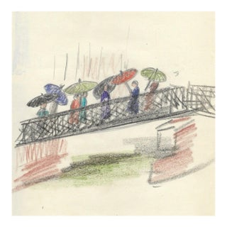 1940s Grace Spongberg Umbrellas Crossing the Arno Florence Italy Drawing For Sale