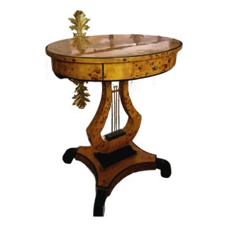 French Empire Style Wood Side Table – Burl Wood Finish With Gilded Bronze Details & Lyre Base For Sale