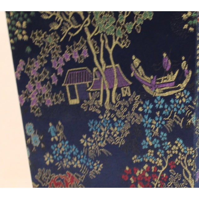 Textile Vintage Navy Blue Chinoiserie Brocade Square Cachepot Planter – Set of 2 Oriental Silk Waste Bins For Sale - Image 7 of 8