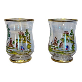 Mid Twentieth Century Hand Painted Chinoiserie Glass Hurricane Vases, a Pair For Sale