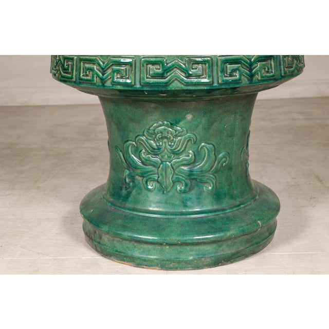 Ceramic Chinese Vintage Green Glazed Ceramic Planter or Garden Seat Base with Foliage For Sale - Image 7 of 11