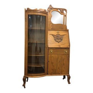Early 20th Century Side by Side Victorian Oak and Glass Cabinet With Secretary Desk For Sale