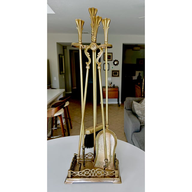 Brass Vintage French Louis XVI Style Brass Fireplace Tool Set / Fleur-De-Lis Finial For Sale - Image 8 of 18