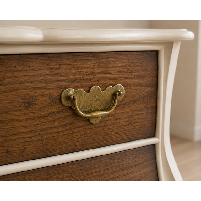 Contemporary Baker-Vintage French Provincial Three-Drawer Dresser | Sculpted Cream & Rich Walnut For Sale - Image 3 of 4