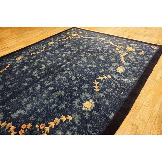 Chinese 1920s Navy Background Traditional Damask Antique Chinese Peking Room Size Rug For Sale - Image 3 of 9