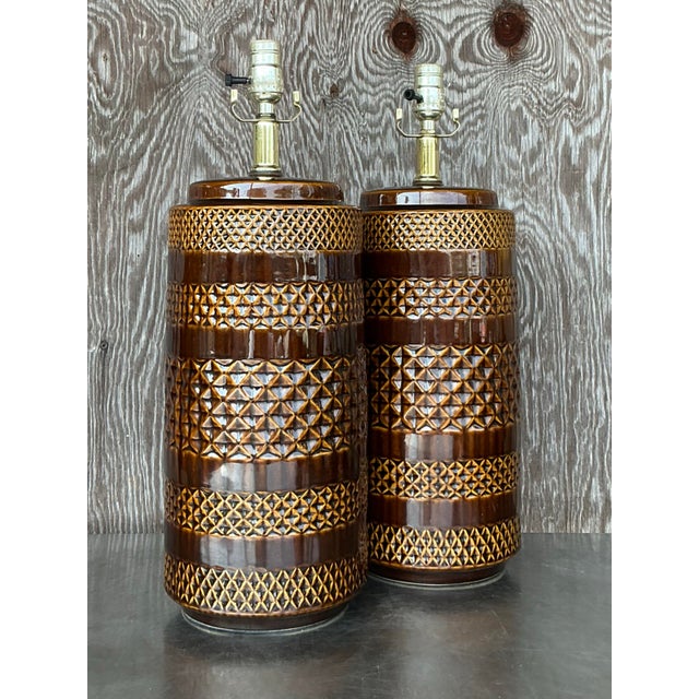 Vintage Boho Glazed Ceramic Band Lamps - a Pair For Sale - Image 9 of 10