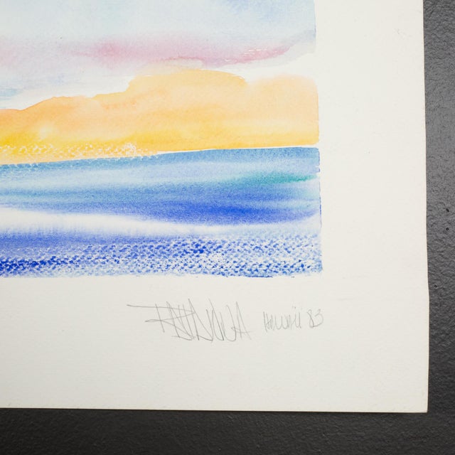 ABOUT An original watercolor artwork on paper. The piece depicts the Pacific Ocean and the sky. The style is abstract and...
