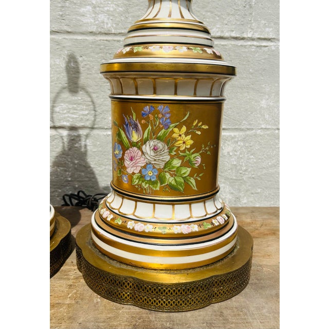 Antique Large Pair of Porcelain Table Lamps Hand Painted Gold & White With Floral Design For Sale - Image 4 of 12