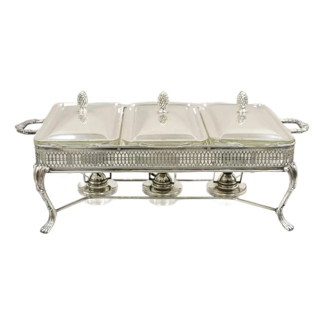 Vintage Sheffield Silver Co Silver Plated 3 Burner Warming Triple Chafing Dish For Sale