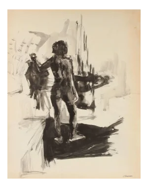 Jack Freeman Monochromatic "Nude in Shadow" Figure Ink Drawing on Paper, 20th Century