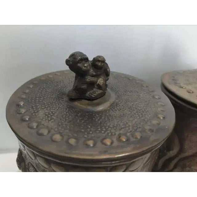 1990s Castilian Imports Brass Embossed Monkey Canisters- Set of 2 For Sale In Atlanta - Image 6 of 10