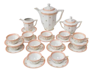 Vintage French Porcelain Tea in Gold and Coral, 1950s, Set of 26
