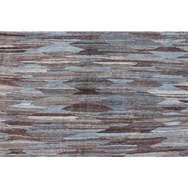 2020s Modern Flatweave Kilim in Wool With Sub-Geometric Diamond Design in Blue and Charcoal For Sale - Image 5 of 13
