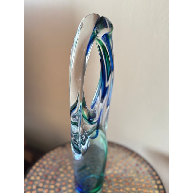 Late 20th Century Signed A. Tablonski Polish Art Glass Sculpture -- 18" Blue Green Crystal Modernist Vase For Sale - Image 10 of 13