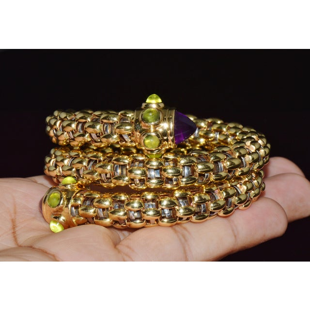 Rare Vintage Fope 18k Gold Double Wrap Twist Snake Bracelet With Amethyst & Peridot For Sale - Image 15 of 15