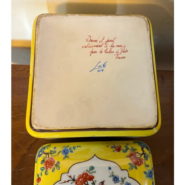 Le Tallec Paris Porcelain Covered Box Decorated With Birds Perched on Flowering Prunus Branches in the Chinoiserie Manner For Sale - Image 12 of 12