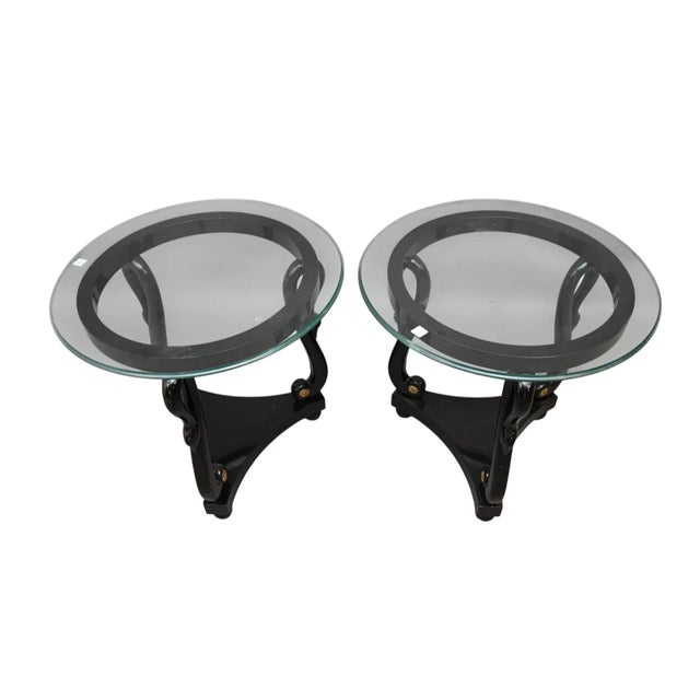 Mid-Century Modern Pair 1960s Black Lacquer Side Tables With Swan Neck Supports on Trifed Bases For Sale - Image 3 of 5