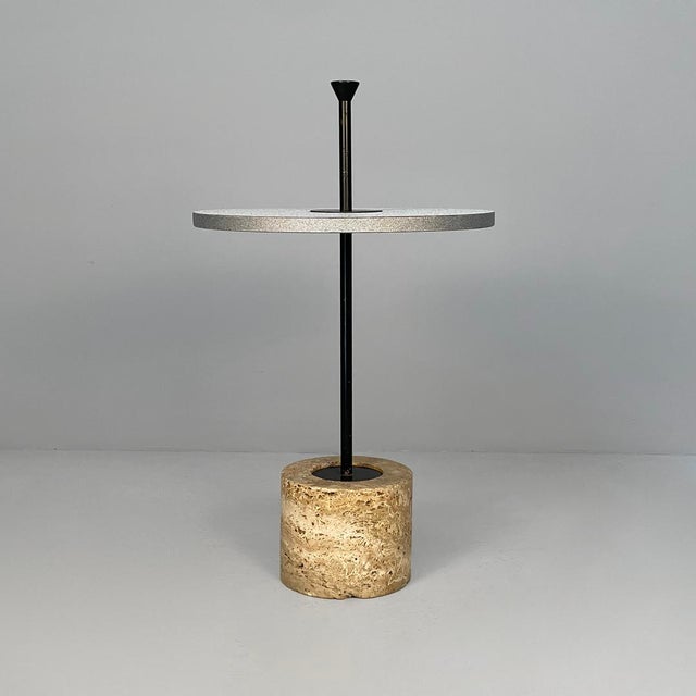 Italian modern round coffee table in metal, formica and travertine, 1980s Coffee table with a cylindrical travertine base,...
