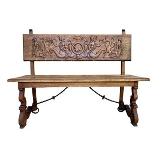 Spanish Renaissance Carved Oak Bench Banquette Escaño, 1890s For Sale
