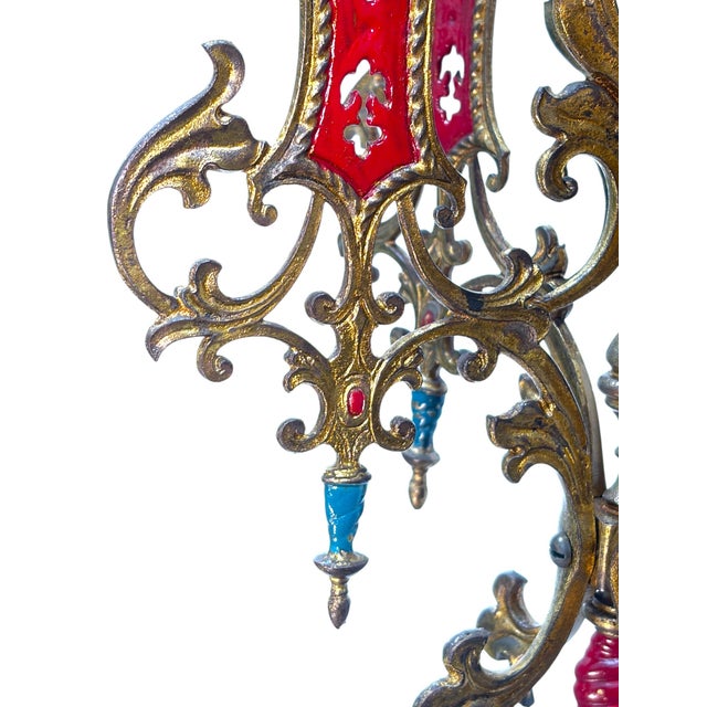 1910s Cast Brass Semi Flush Ceiling Light With Red and Blue Embellishments Circa 1915 For Sale - Image 14 of 16