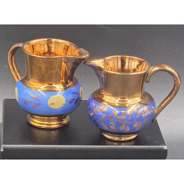 19th Century English Copper Lustreware Cobolt Blue Enamel Bands & Hand-Painterd Motifs 6 Piece Set For Sale - Image 15 of 18