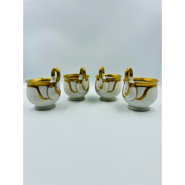 Art Deco Mid 20th Century by Sadek Swan Gilded Footed Cups & Saucers - Service for 4 For Sale - Image 3 of 12
