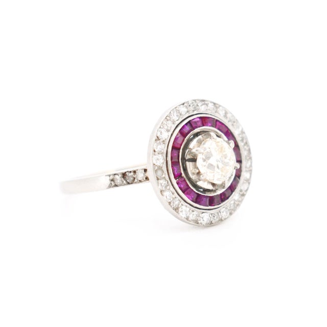 Antique White Circa 1930 Antique French Art Deco Engagement Ring, Platinum, Diamonds, and Ruby Halo For Sale - Image 8 of 9