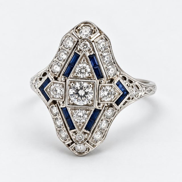 Art Deco Vintage 14k White Gold Old European Cut Diamond & Sapphire Ring, Size 4 For Sale - Image 3 of 7