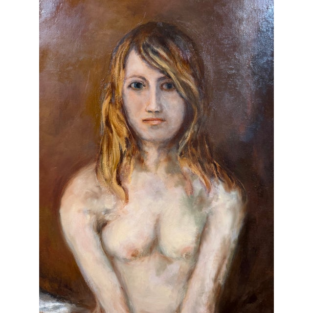 Large Mid-Century Modern Surrealist Naked Female Figure Oil Painting on Canvas – 27x50 For Sale - Image 9 of 9