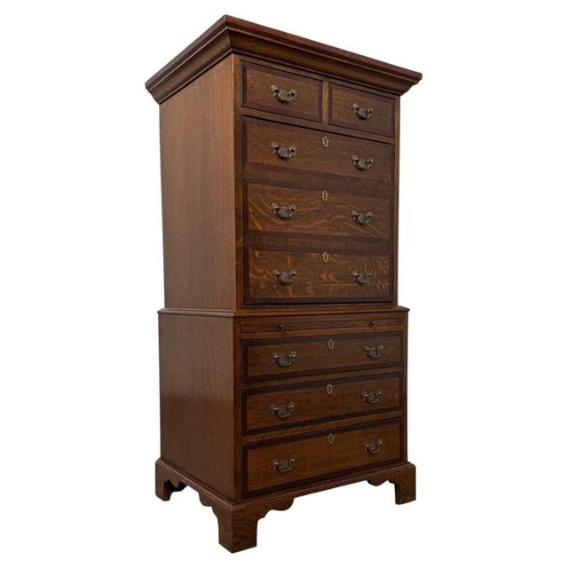 Antique English Oak Chest-on-Chest Tallboy with Brass Handles For Sale - Image 3 of 14