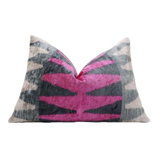Luxury Pink, Charcoal and Natural Silk Velvet Ikat Lumbar Pillow 16x24 Inch With Down Insert For Sale