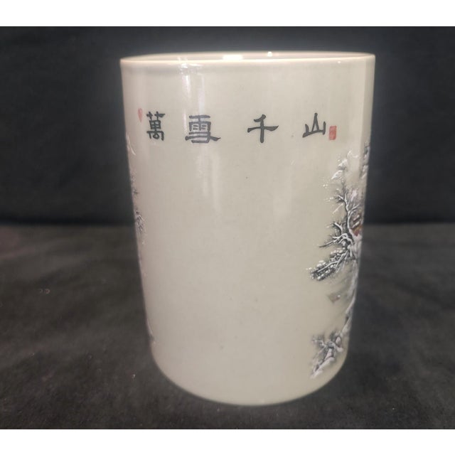 Chinese Ceramic Pot,Famille Rose Porcelain Brush Pot Hand Painted Snow Scene Landscape Pattern For Sale - Image 4 of 9