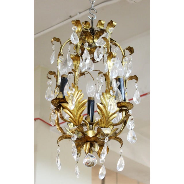 Gold Italian Hollywood Regency Gilt Tole Chandelier With Crystal Droplets For Sale - Image 8 of 8