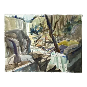 1980s Expressionist Mountain and River Landscape Original Watercolor Painting by Sanford Brooks