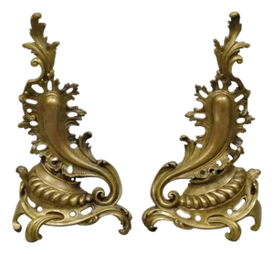 Vintage French Rococo Bronze Acanthus Leafy Scroll Fireplace Andirons - A Pair